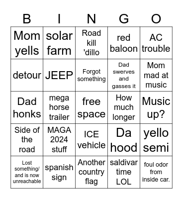 Road trip Bingo Card