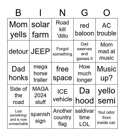 Road trip Bingo Card