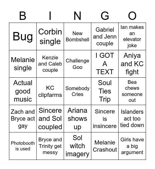 LOVE ISLAND YAYA Bingo Card