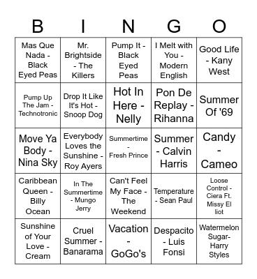 Summer Heat JukeBox Bingo Card