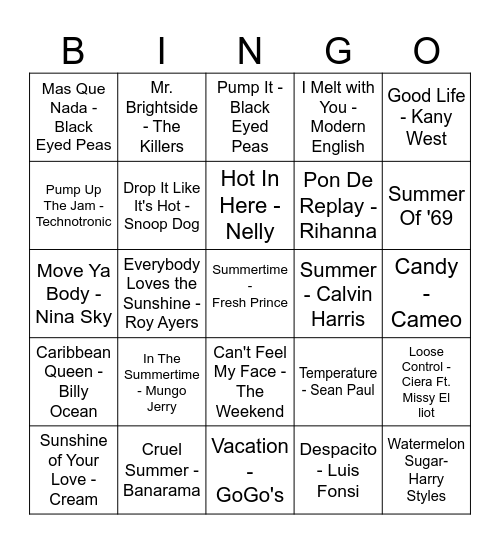 Summer Heat JukeBox Bingo Card