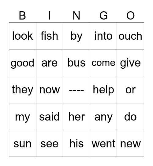 matching words (from read only list) Bingo Card