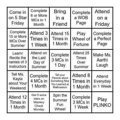Mathnasium: Summer BINGO Card