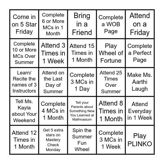 Mathnasium: Summer BINGO Card