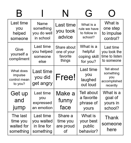 Impulse Control Bingo Card