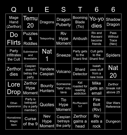Questicles Session 66 Bingo Card