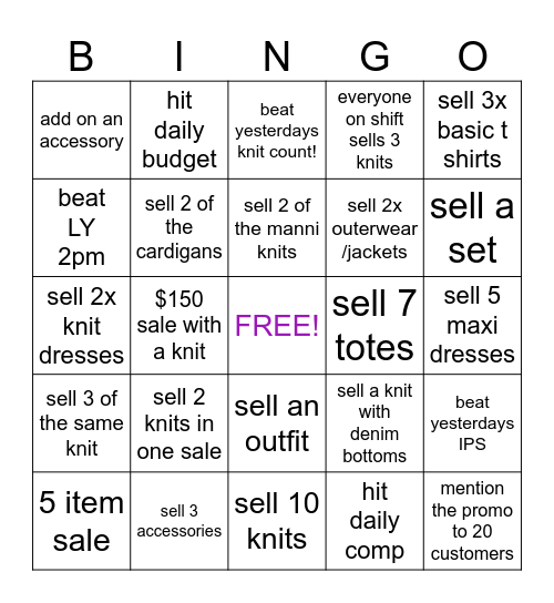 KNITWEAR PROMO Bingo Card