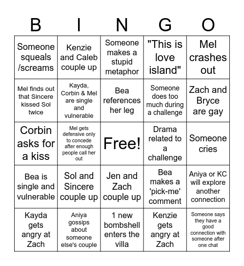 Love Island predictions - Episode 8 Bingo Card