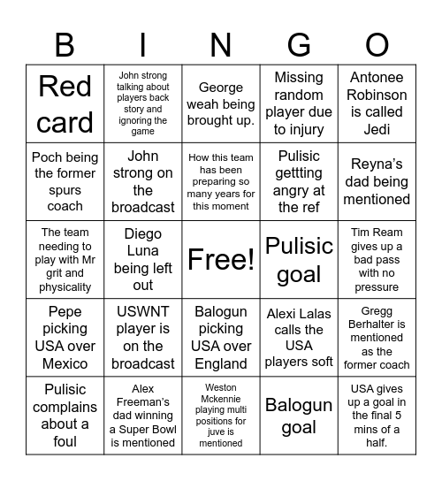 USA national team bingo Card