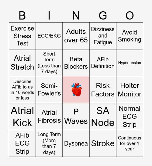 Atrial Fibrillation Bingo Card