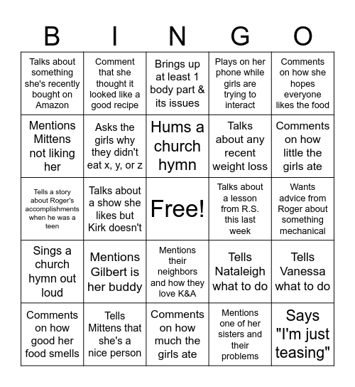 Get me through dinner Bingo Card