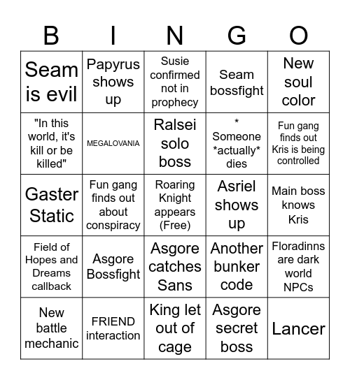 Deltarune Chapter 5 Predictions Bingo Card