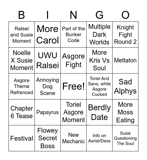 Deltarune Chapter 5 Bingo Card