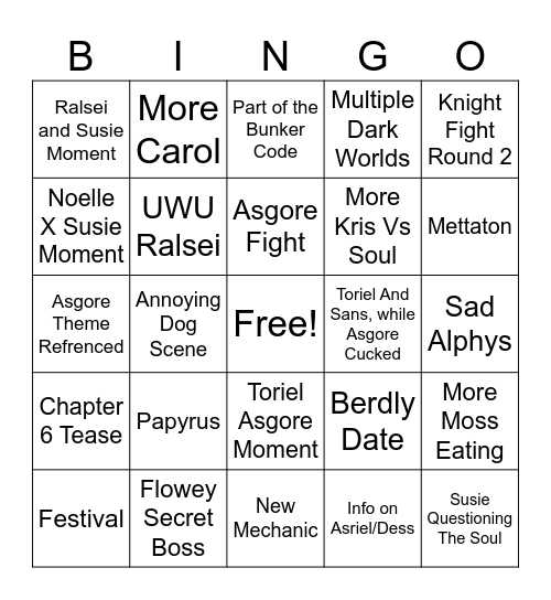 Deltarune Chapter 5 Bingo Card