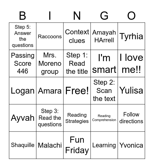 Mrs. Moreno Summer School Bingo Card