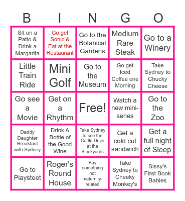 Postpartum Activities Bingo Card