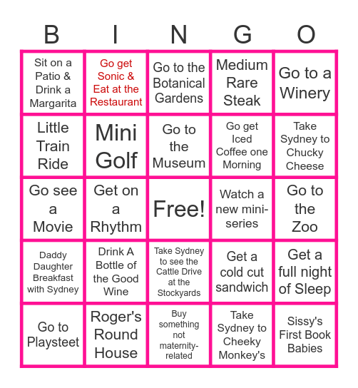 Postpartum Activities Bingo Card