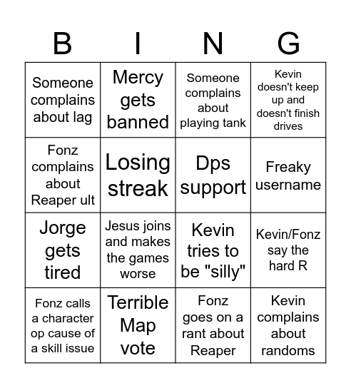 Overwatch Drives Bingo Card