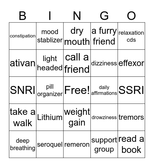 Bingo for Mental health Bingo Card