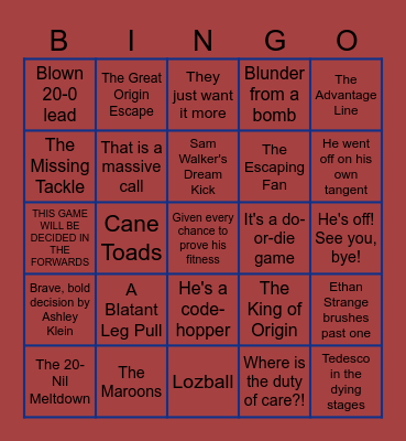 State of Origin Bingo Card