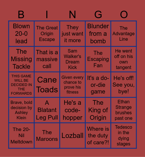 State of Origin Bingo Card