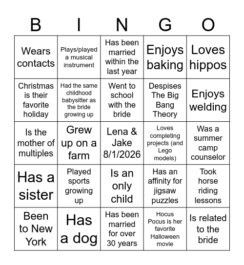 Bridal Shower Bingo! Bingo Card