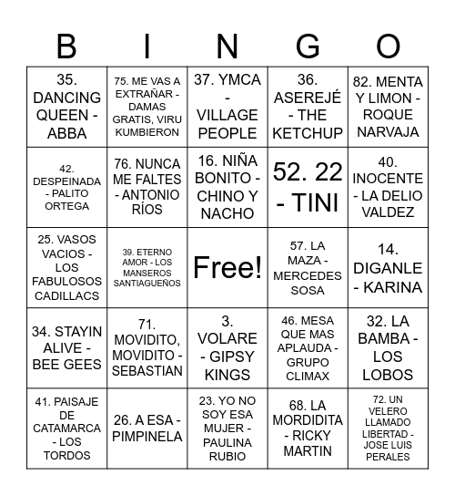 BINGO MUSICAL Bingo Card