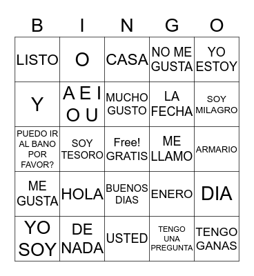 YO HABLO ESPANOL Bingo Card