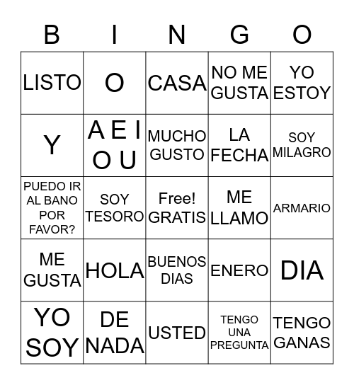 YO HABLO ESPANOL Bingo Card