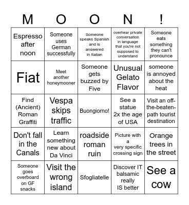 Italy trip - N Bingo Card