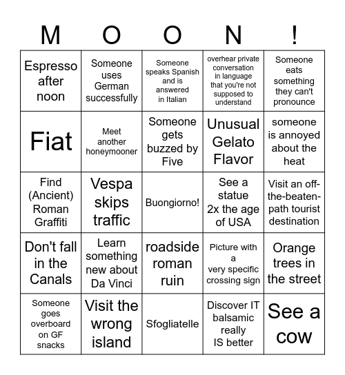 Italy trip - N Bingo Card