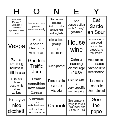 Italy trip - J Bingo Card