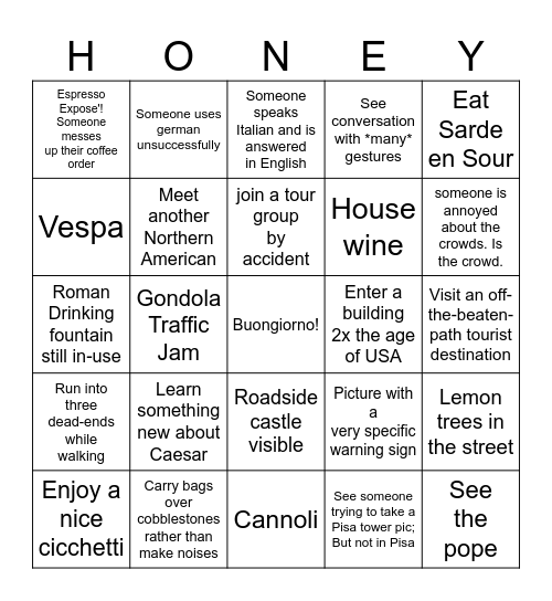 Italy trip - J Bingo Card