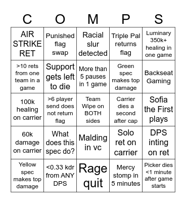 Warlords Comp Games Bingo Card