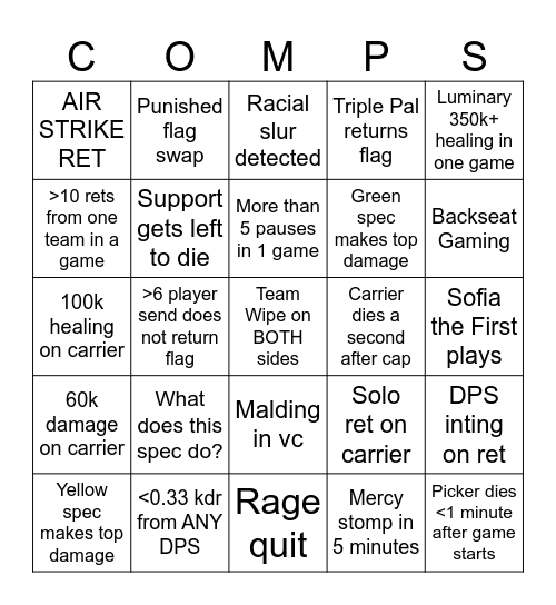 Warlords Comp Games Bingo Card