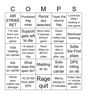 Warlords Comp Games Bingo Card