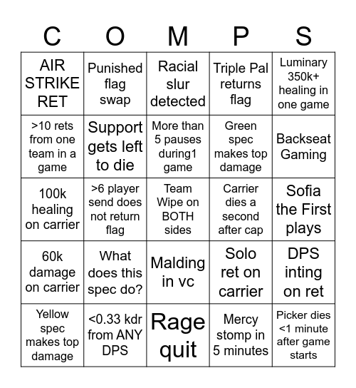 Warlords Comp Games Bingo Card