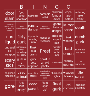 Gurk Horror Movie Bingo Card