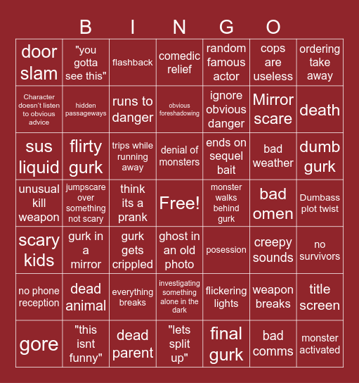 Gurk Horror Movie Bingo Card