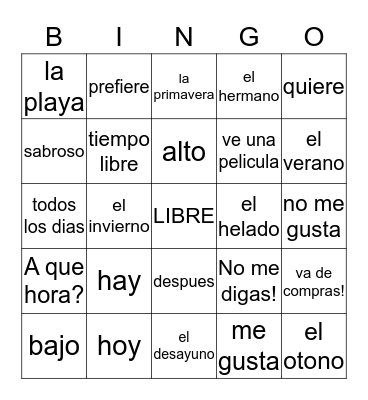 REALIDADES  1  FINAL  EXAM  REVIEW Bingo Card