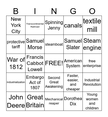 Industrialization & Reform Bingo Card