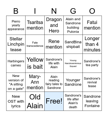 Sandrone Animated Short Bingo Card