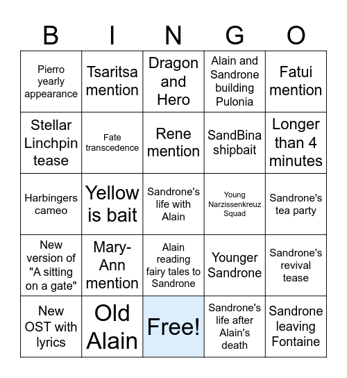 Sandrone Animated Short Bingo Card