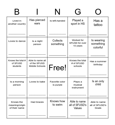SFSD Bingo Card Bingo Card