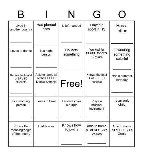 SFSD Bingo Card Bingo Card