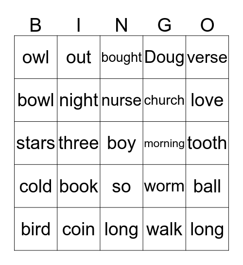 CHART 8 & O sounds Bingo Card
