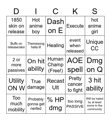 LoL new champion Bingo Card