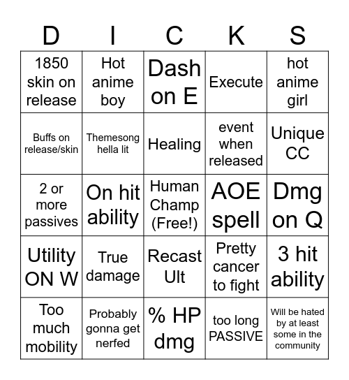 LoL new champion Bingo Card