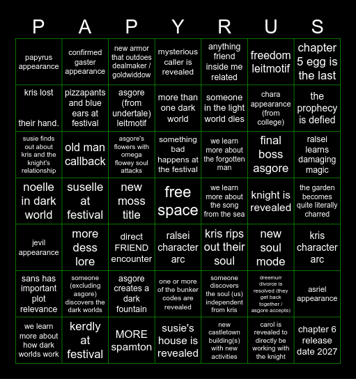 deltarune chapter 5 bingo!!! Bingo Card