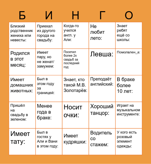 НАЙДИ ГОСТЯ, КОТОРЫЙ Bingo Card